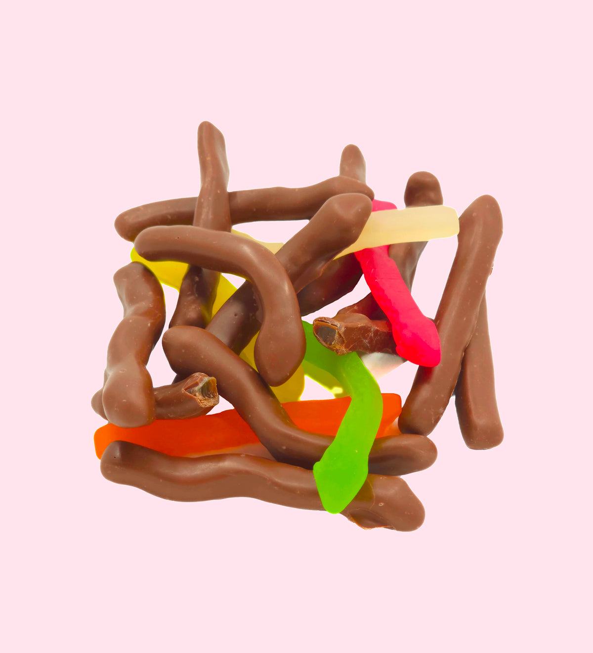 Chewy, fruity snake-shaped lollies dipped in smooth Belgian milk chocolate for a fun and tasty treat.
