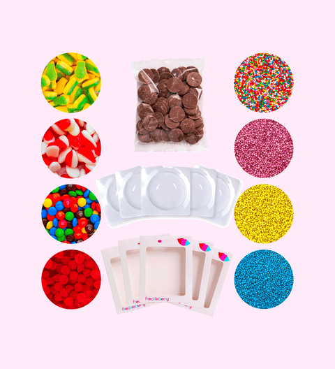 Chocolate DIY Art Kit, featuring premium Belgian chocolate and all you need to design and decorate your own delicious creations – fun for all ages. Inclusions:

5 x Chocolate moulds
5 x Bags & stickers
1 x Set of instructions
8 x Edible decorations
1 x 200g bag of premium Belgian chocolate for melting