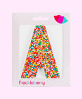 Premium Belgian chocolate letter "A" topped with colourful sprinkles – a fun and tasty treat perfect for personalising any occasion.