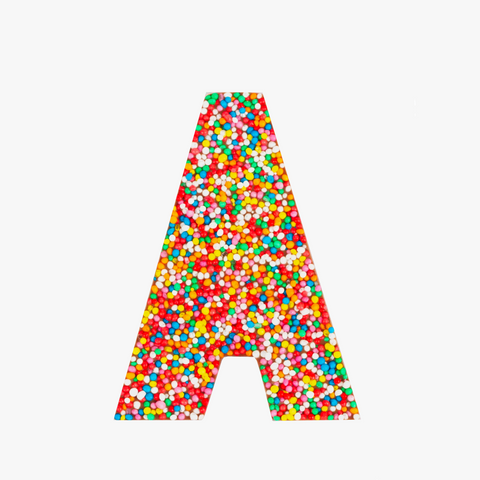 Premium Belgian chocolate letter "A" topped with colourful sprinkles – a fun and tasty treat perfect for personalising any occasion.