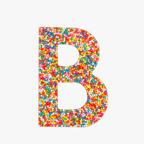Premium Belgian chocolate letter "B" topped with colourful sprinkles – a fun and tasty treat perfect for personalising any occasion.