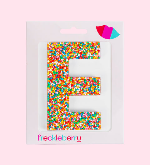 Premium Belgian chocolate letter "E" topped with colourful sprinkles – a fun and tasty treat perfect for personalising any occasion.