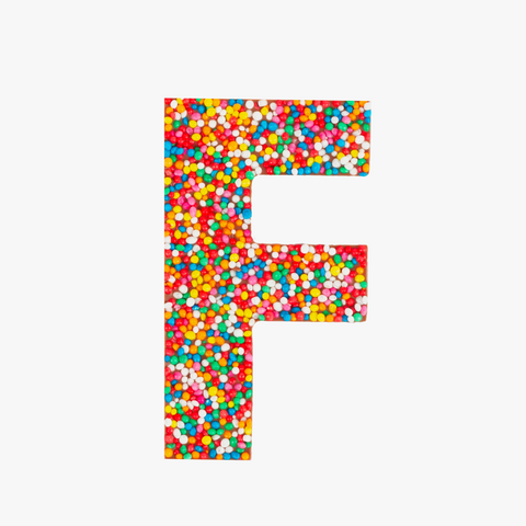 Premium Belgian chocolate letter "F" topped with colourful sprinkles – a fun and tasty treat perfect for personalising any occasion.