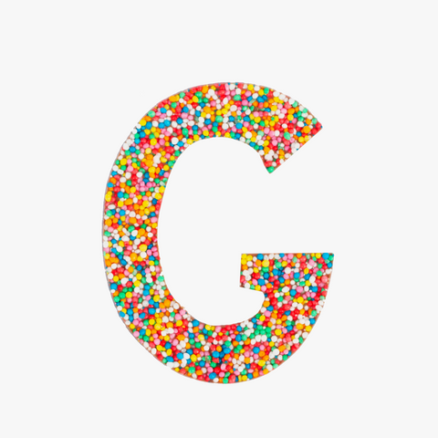 Premium Belgian chocolate letter "G" topped with colourful sprinkles – a fun and tasty treat perfect for personalising any occasion.