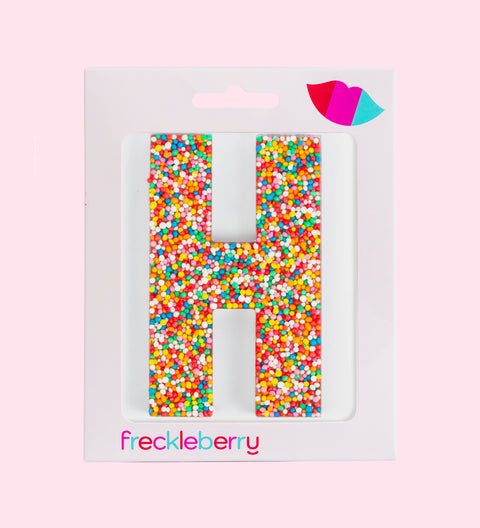 Premium Belgian chocolate letter "H" topped with colourful sprinkles – a fun and tasty treat perfect for personalising any occasion.