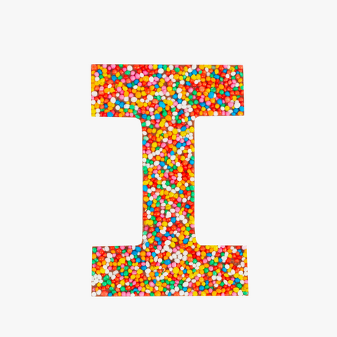 Premium Belgian chocolate letter "I" topped with colourful sprinkles – a fun and tasty treat perfect for personalising any occasion.