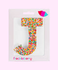 Crafted premium Belgian chocolate letter "J" topped with colourful sprinkles – a fun and tasty treat perfect for personalising any occasion.