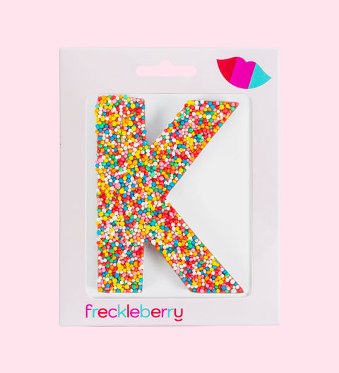 Premium Belgian chocolate letter "K" topped with colourful sprinkles – a fun and tasty treat perfect for personalising any occasion.