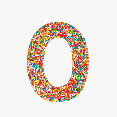 Premium Belgian chocolate letter "O" topped with colourful sprinkles – a fun and tasty treat perfect for personalising any occasion.