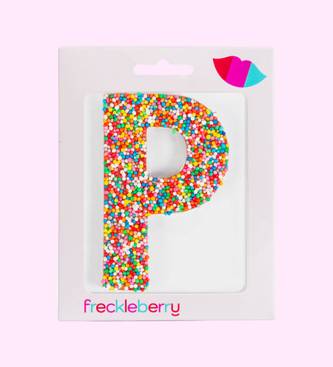Premium Belgian chocolate letter "P" topped with colourful sprinkles – a fun and tasty treat perfect for personalising any occasion.