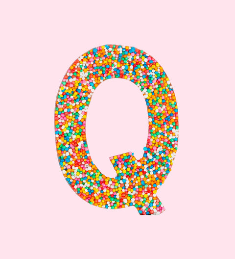 Premium Belgian chocolate letter "Q" topped with colourful sprinkles – a fun and tasty treat perfect for personalising any occasion.