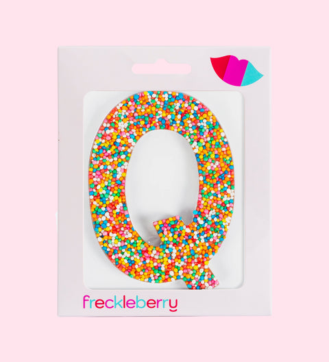 Premium Belgian chocolate letter "Q" topped with colourful sprinkles – a fun and tasty treat perfect for personalising any occasion.