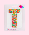 Premium Belgian chocolate letter "T" topped with colourful sprinkles – a fun and tasty treat perfect for personalising any occasion.