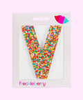 Premium Belgian chocolate letter "V" topped with colourful sprinkles – a fun and tasty treat perfect for personalising any occasion.