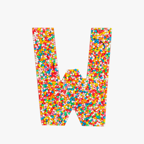 Premium Belgian chocolate letter "W" topped with colourful sprinkles – a fun and tasty treat perfect for personalising any occasion.