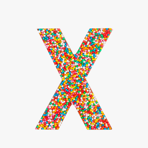 Premium Belgian chocolate letter "X" topped with colourful sprinkles – a fun and tasty treat perfect for personalising any occasion.