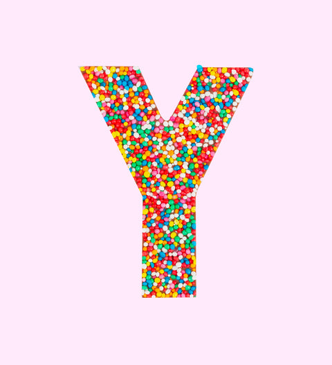Premium Belgian chocolate letter "Y" topped with colourful sprinkles – a fun and tasty treat perfect for personalising any occasion.