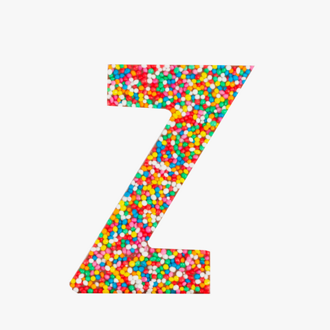 Premium Belgian chocolate letter "Z" topped with colourful sprinkles – a fun and tasty treat perfect for personalising any occasion.
