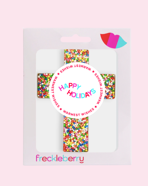 Premium Belgian chocolate cross topped with colourful sprinkles with Happy Holidays label/design - perfect for baptisms, communions, confirmations, weddings, Christmas & Easter.