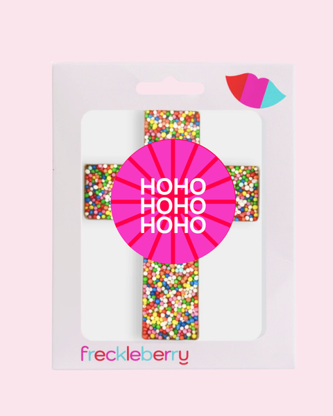 Premium Belgian chocolate cross topped with colourful sprinkles with HoHoHo label/design - perfect for baptisms, communions, confirmations, weddings, Christmas & Easter.