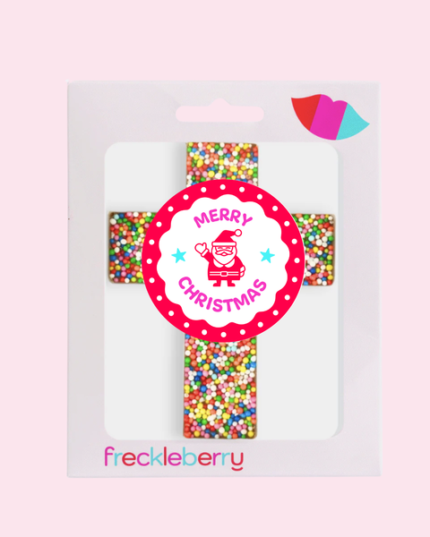 Premium Belgian chocolate cross topped with colourful sprinkles with Merry Christmas - Santa label/design - perfect for baptisms, communions, confirmations, weddings, Christmas & Easter.