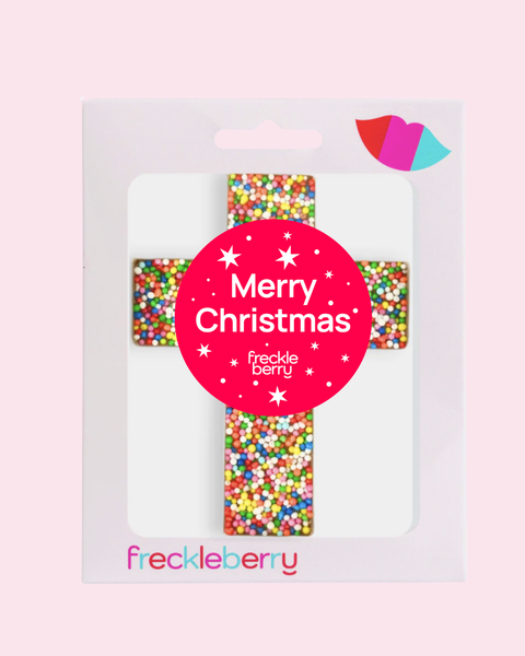 Premium Belgian chocolate cross topped with colourful sprinkles with Merry Christmas - Stars label/design - perfect for baptisms, communions, confirmations, weddings, Christmas & Easter.