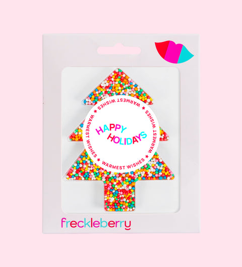 Premium Belgian chocolate topped with multi sprinkles finished with a festive Happy Holidays design/label – perfect for gifting or sharing.