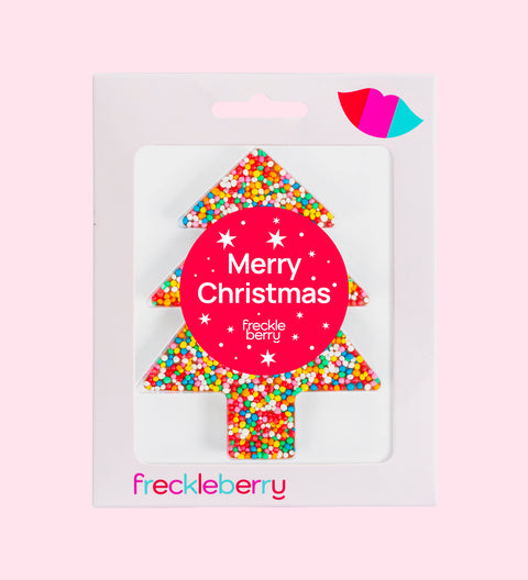 Premium Belgian chocolate topped with multi sprinkles finished with a festive Merry Christmas - Stars design/label – perfect for gifting or sharing.