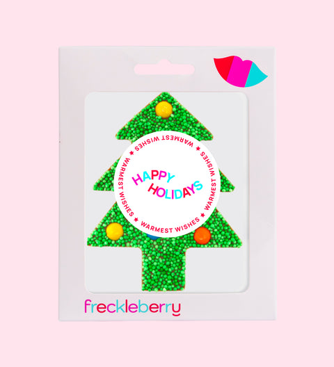 Christmas Green Freckle M&M® Tree, made from premium Belgian chocolate and topped with colourful M&M®s. Finished with a festive Merry Christmas design (with Happy Holidays sticker) – perfect for gifting.