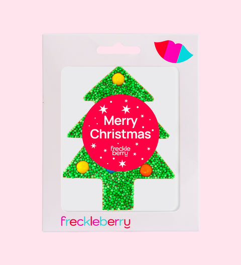 Premium Belgian milk chocolate tree topped with green sprinkles and colourful M&M®s. Finished with a festive "Merry Christmas - Stars" label/design – perfect for gifting.