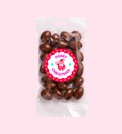 Crunchy roasted almonds covered in smooth Belgian milk chocolate wrapped in festive "Merry Christmas - Santa" label/design, perfect for festive gifting or snacking.