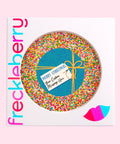 Creamy giant Belgian chocolate (available in 3 variants - dark, milk or white) with colourful sprinkles, customised with a festive blue present design for holiday gifting.