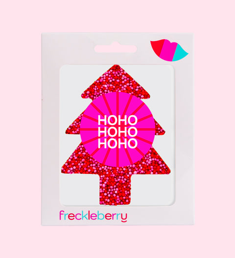 Premium Belgian chocolate (available in 3 variants - dark, milk or white) topped with red & pink sprinkles. Finished with a festive "HoHoHo" label/design – perfect for gifting or sharing.