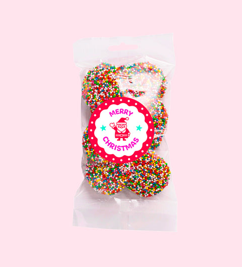 Creamy premium Belgian white chocolate and topped with colourful sprinkles with Merry Christmas - Santa sticker/label – a festive treat perfect for gifting or sharing on Christmas season.