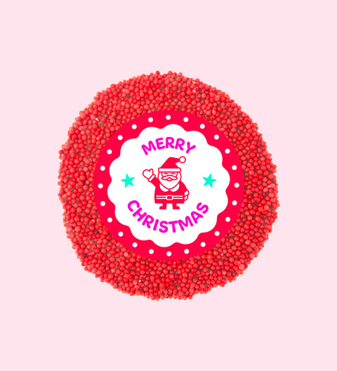Premium Belgian chocolate topped with bright red sprinkles, wrapped in a cheerful Merry Christmas Santa design – perfect for festive gifting.