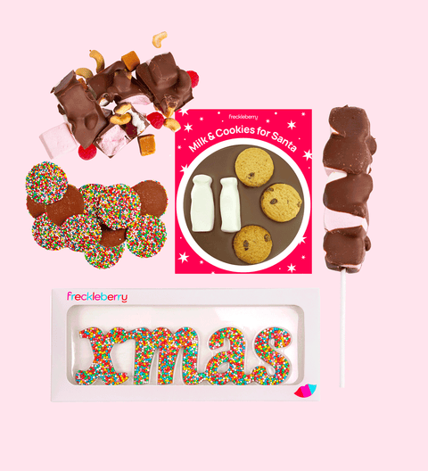 Gift Box filled with a selection of premium Belgian chocolate treats – the perfect festive gift for family, friends, or colleagues. Inclusions:

Milk Rocky Road
150g Milk Chocolate Freckles
Milk & Cookies for Santa
Marshmallow Pop
Freckle “Xmas” Word