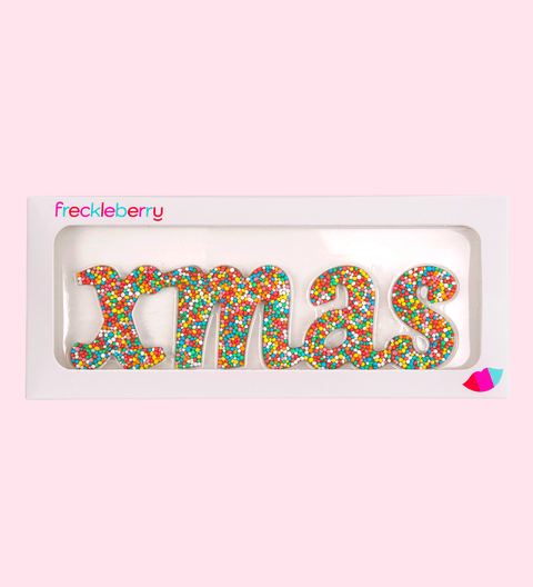 Premium Belgian chocolate word Xmas topped with colourful sprinkles – a fun and festive treat for all ages.