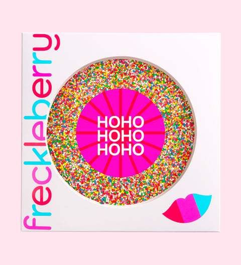 Premium giant Belgian chocolate topped with colourful sprinkles with HoHoHo label/sticker– a fun and festive gift for all ages this Christmas season.