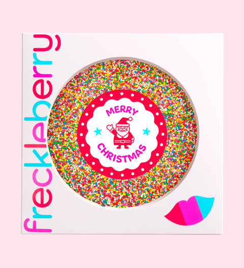 Premium giant Belgian chocolate topped with colourful sprinkles with Merry Christmas - Santa sticker/label – a fun and festive gift for all ages this Christmas season.