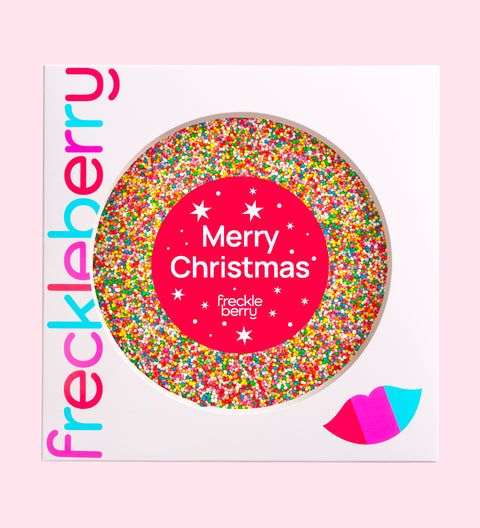 Premium giant Belgian chocolate topped with colourful sprinkles with Merry Christmas - Stars sticker/label – a fun and festive gift for all ages this Christmas season.