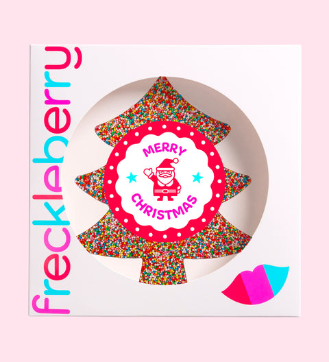 Creamy Belgian chocolate tree (available in 3 variants - dark, milk or white) covered in colourful sprinkles with "Merry Christmas- Santa" design/label, a festive treat for holiday gifting and celebrations.