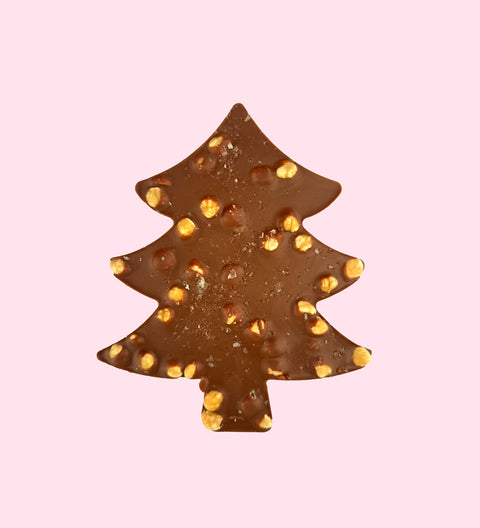 A festive Belgian milk chocolate tree loaded with roasted hazelnuts, gooey caramel, and a sprinkle of sea salt. 