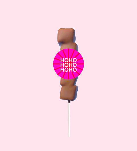 Fluffy marshmallow coated in premium Belgian chocolate with HoHoHo sticker/label – a fun and festive treat for the holiday season.