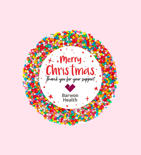 Creamy Belgian chocolate (available in 3 variants - dark, milk or white) topped with colourful sprinkles, customised with your festive text and logo for perfect holiday gifting.