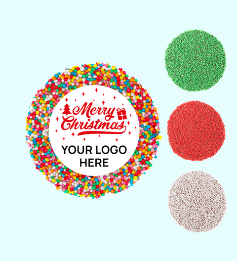 Premium Belgian chocolate (available in 3 variants - milk, dark or white) in red, white, green or multi sprinkles with Merry Christmas design/label - can be personalised with your logo. Perfect for gifting, staff treats and corporate orders.