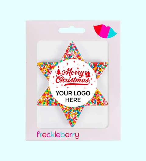 Premium Belgian chocolate star topped with colourful sprinkles with Merry Christmas design/label and can be customised - a fun and delicious treat for the holiday season.