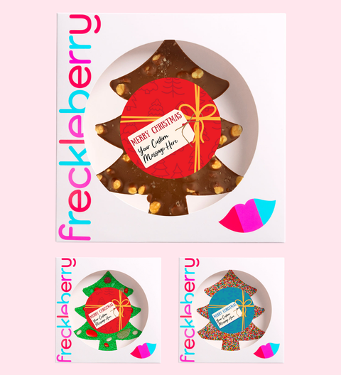 Giant creamy Belgian chocolate tree with colourful sprinkles, roasted hazelnuts and a mix of lollies - customised with a festive red and blue present design with your very own personalised message for holiday gifting.