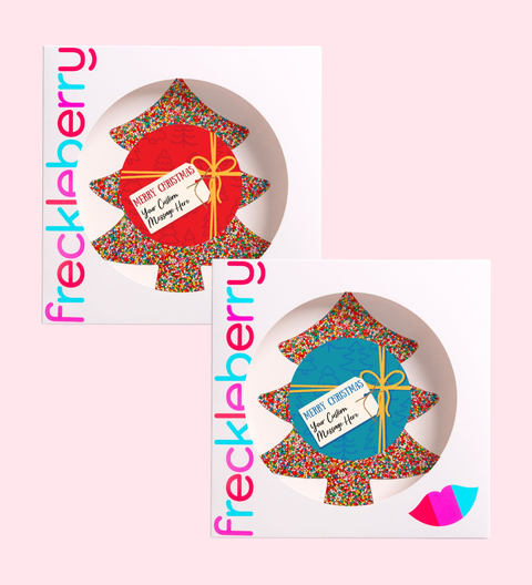 Giant creamy Belgian chocolate tree with colourful sprinkles with a festive red and blue present design with your very own personalised message for holiday gifting.