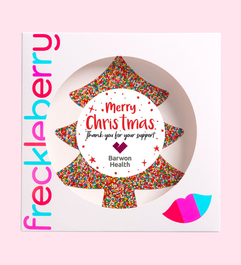 Creamy giant Belgian chocolate (available in 3 variants - dark, milk or white) freckle tree customised with Merry Christmas text and your logo for a festive, branded gift.