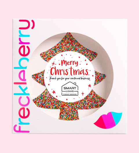 Creamy giant Belgian chocolate (available in 3 variants - dark, milk or white) freckle tree customised with Merry Christmas text and your logo for a festive, branded gift.